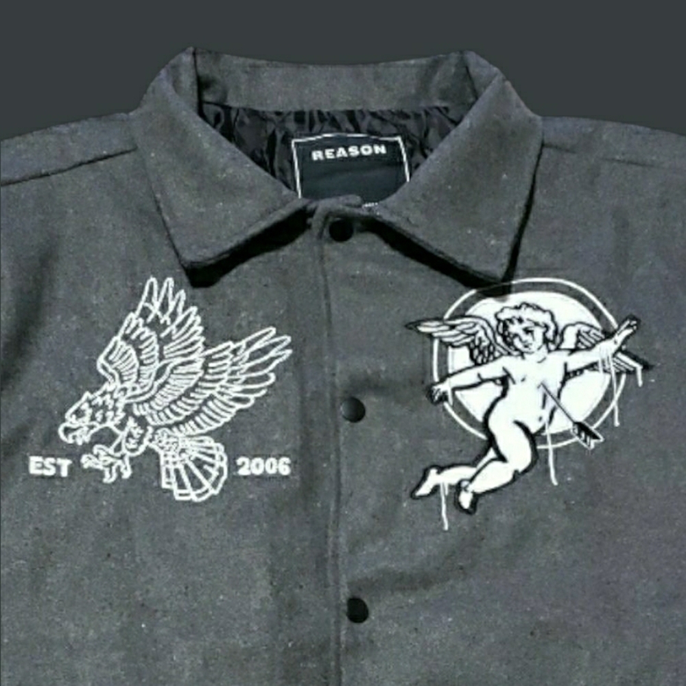 Reason Charcoal Bomber Jacket with Embroidered Designs $159 - Picture 3 of 6